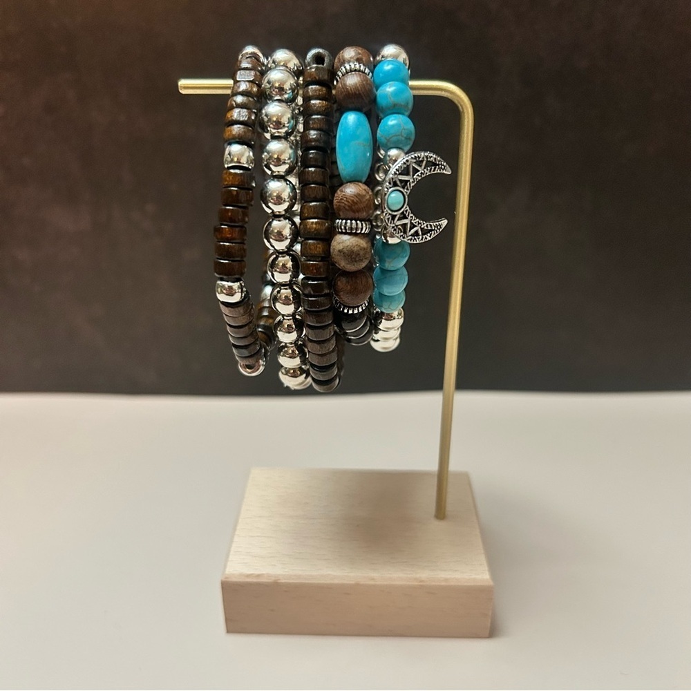 5 Piece Turquoise Brown Silver Beaded Bracelet Set